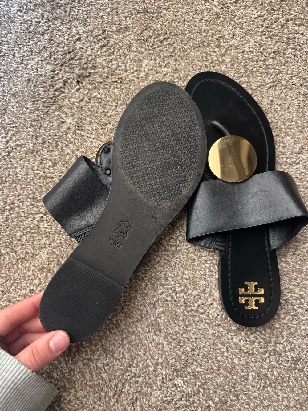 Tory Burch Black Leather Slides with Gold Disc Accents - Picture 2 of 2
